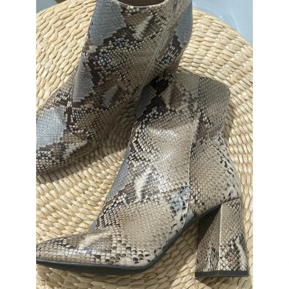 Bamboo Snake Print Ankle Boots Block Heel Women's Fashion Booties Size 10